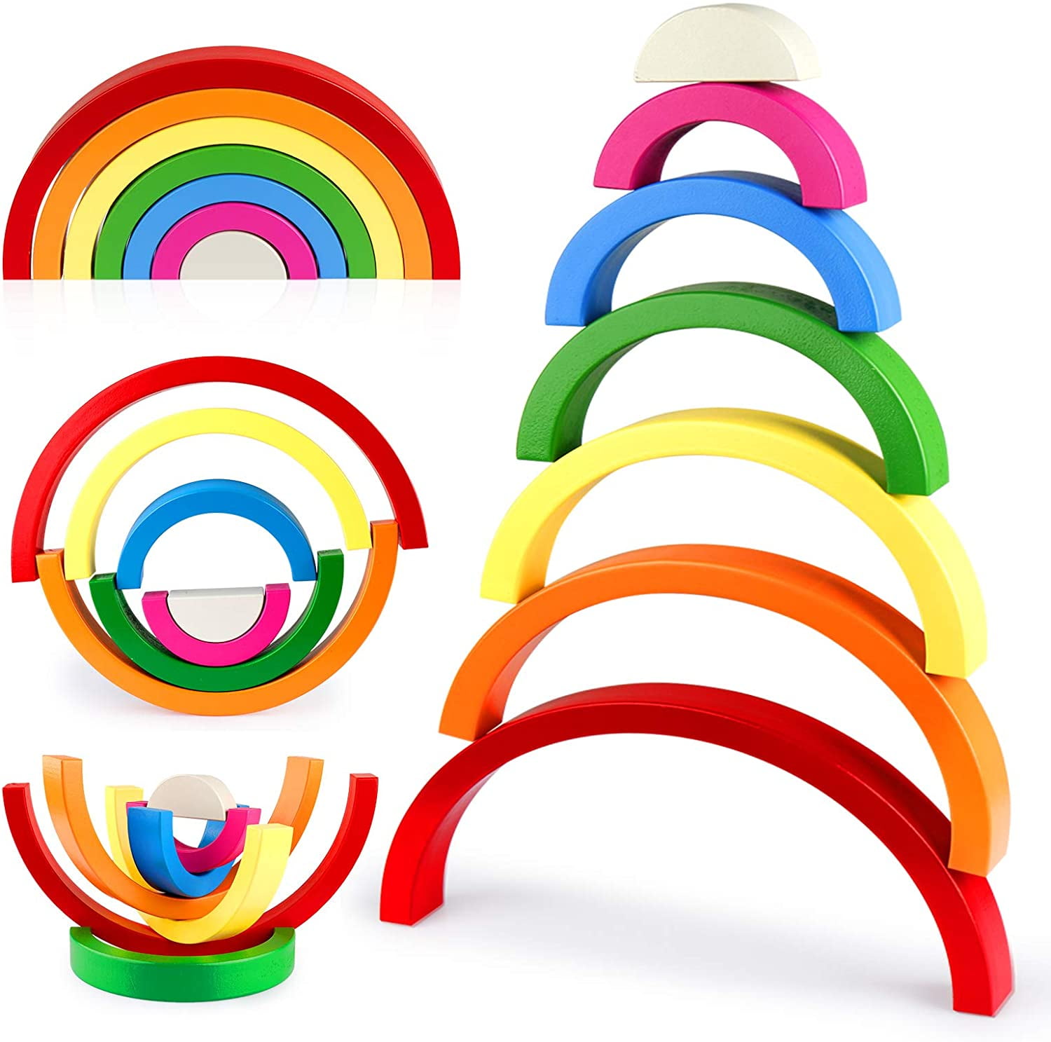 Baby Toddlers Gift Wooden Rainbow Stacker Building Blocks Stacking Nesting