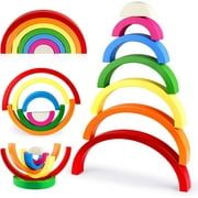 Vanmor Wooden Rainbow Stacker Toy, Wood Stacking Rainbow Puzzle Nesting Blocks Montessori Color Shape Sorting Game Fine Motor Skills Toys Gift for Baby Boy Toddlers Girls