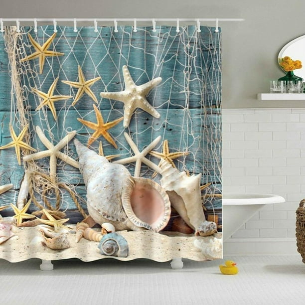 Seashell Shower Curtain Set, Sea Shells Starfish on Teal Wooden Board