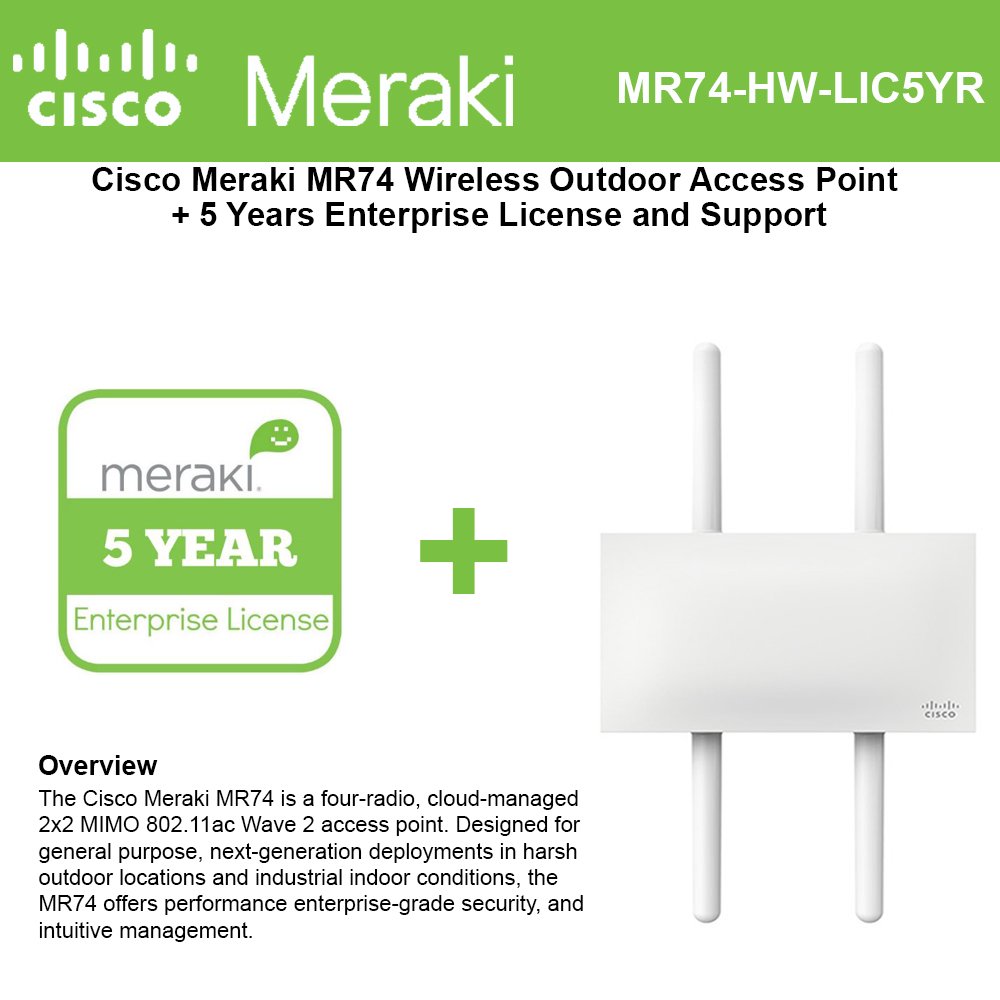 Cisco Meraki MR74 Wireless Outdoor Access Point + 5yr Ent. License and