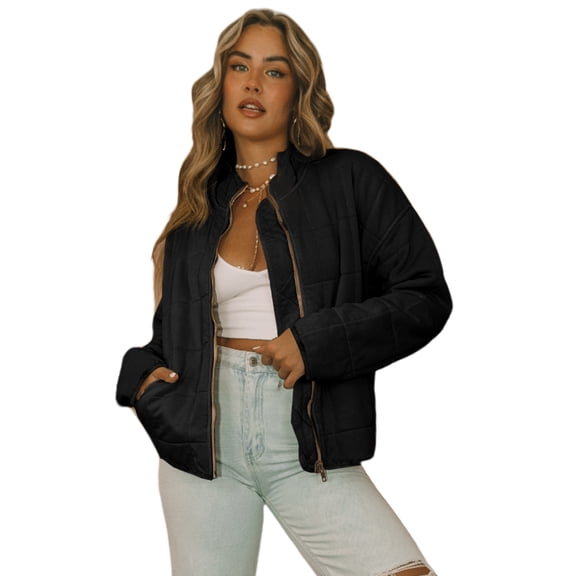 Women's Black Zip-Up Pocket Quilted Jacket – Casual Winter Essential for Daily Wear, 2XL