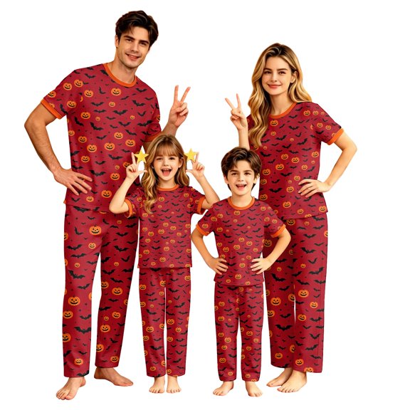 Onlypjs Matching Family Halloween Pajamas Short Sleeve Burgundy Red Pumpkin Bat Print Sleepwear Sets for Couples Adults Women Men