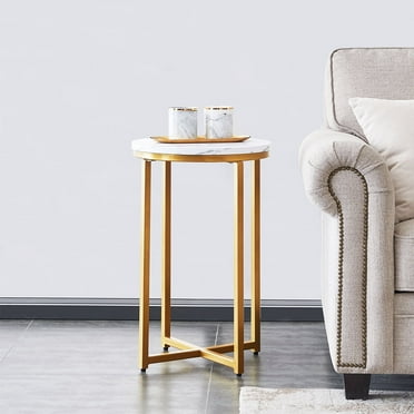15.75" Round Small Side Table with Gold Metal Base, White