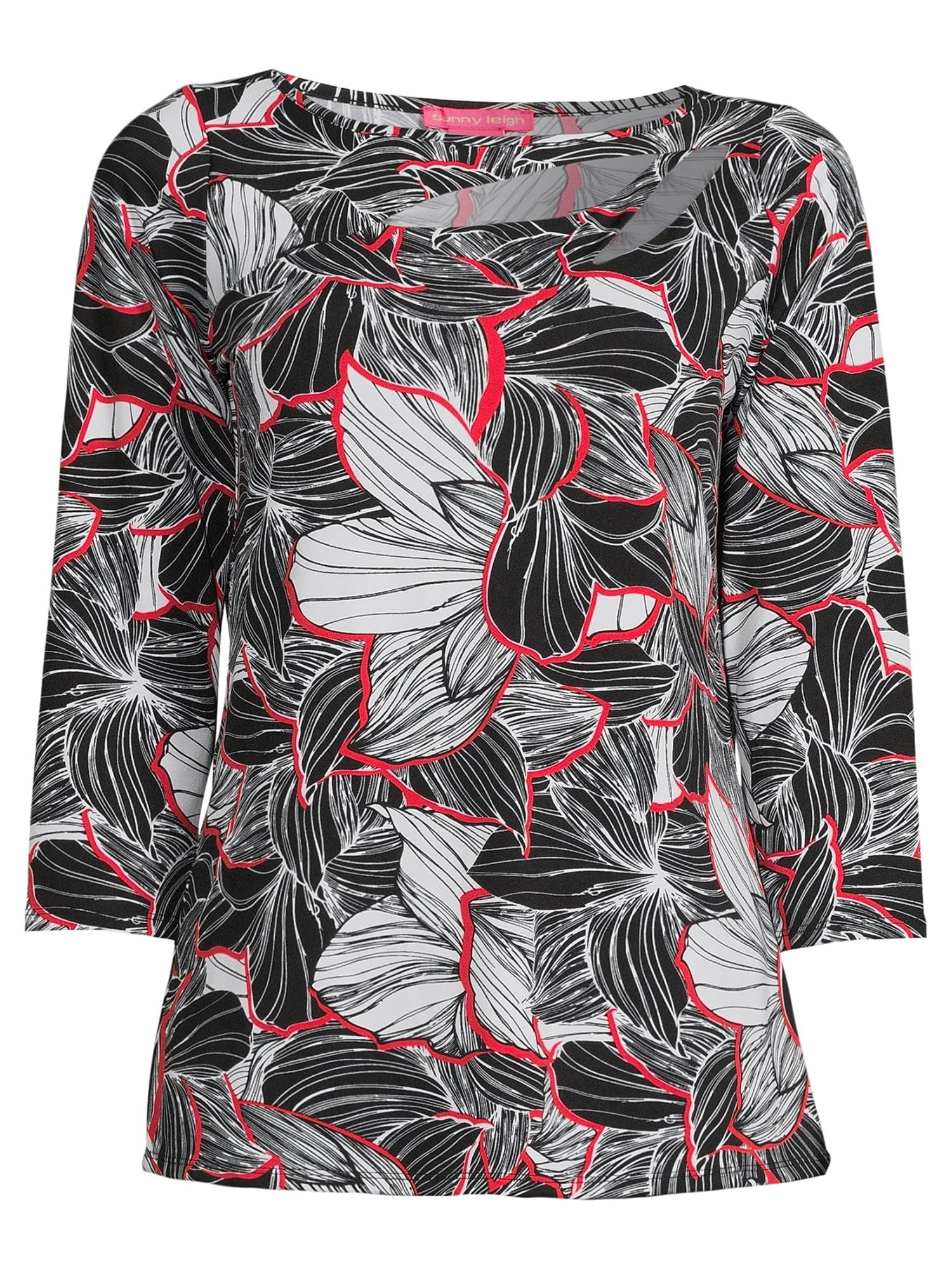 Sunny Leigh Womens Print Cut-Out Top with 3/4-Length Sleeves