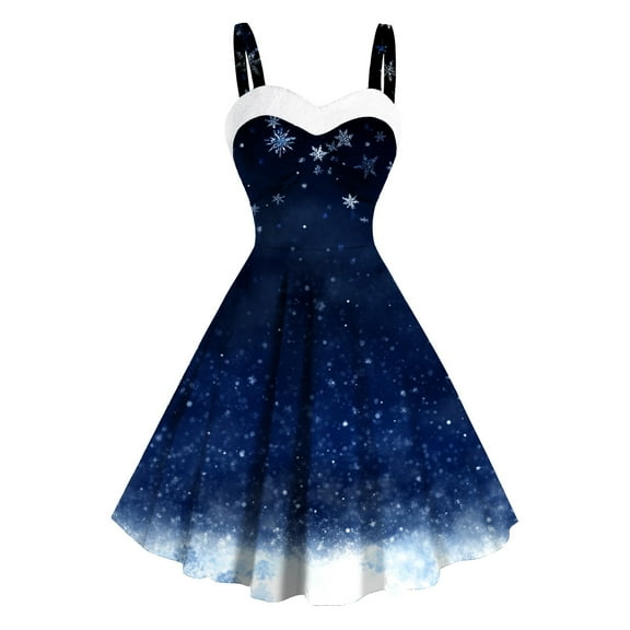 Cocktail Christmas Dresses for Women Vintage Retro 1950s Xmas Snowflake Print Midi Sleeveless Spaghetti Strap A-Line Dresses