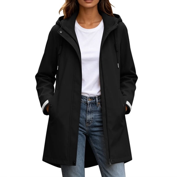 Ghalytn Women's Mid Length Hooded Rain Jacket with Adjustable Cuffs, Drawstring Waist Zip Up Windproof Coat Side Pockets