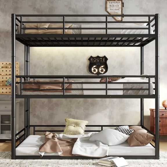 QZYeYun Full over Full over Full Metal Triple Bunk Bed, Heavy-Duty Guardrails, Noise-Reduced, Black