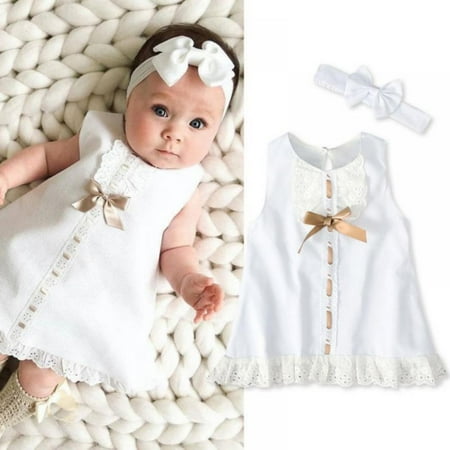 

0-24M Infant Baby Girl Elegant Party Dress Kids One-piece Summer Dress with Bow Headband Set