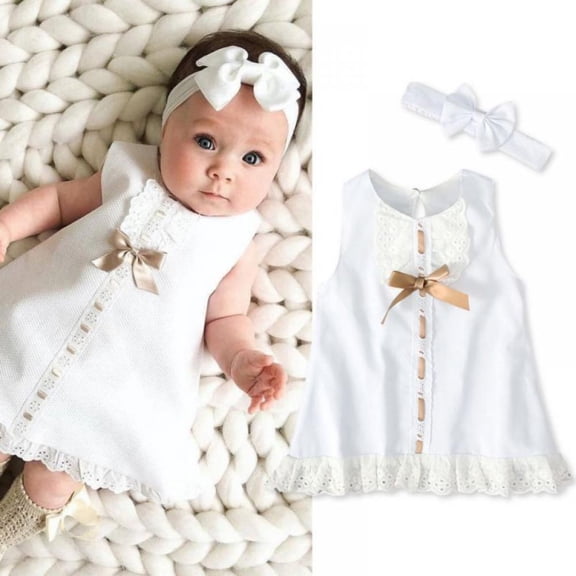 0-24M Infant Baby Girl Elegant Party Dress Kids One-piece Summer Dress with Bow Headband Set