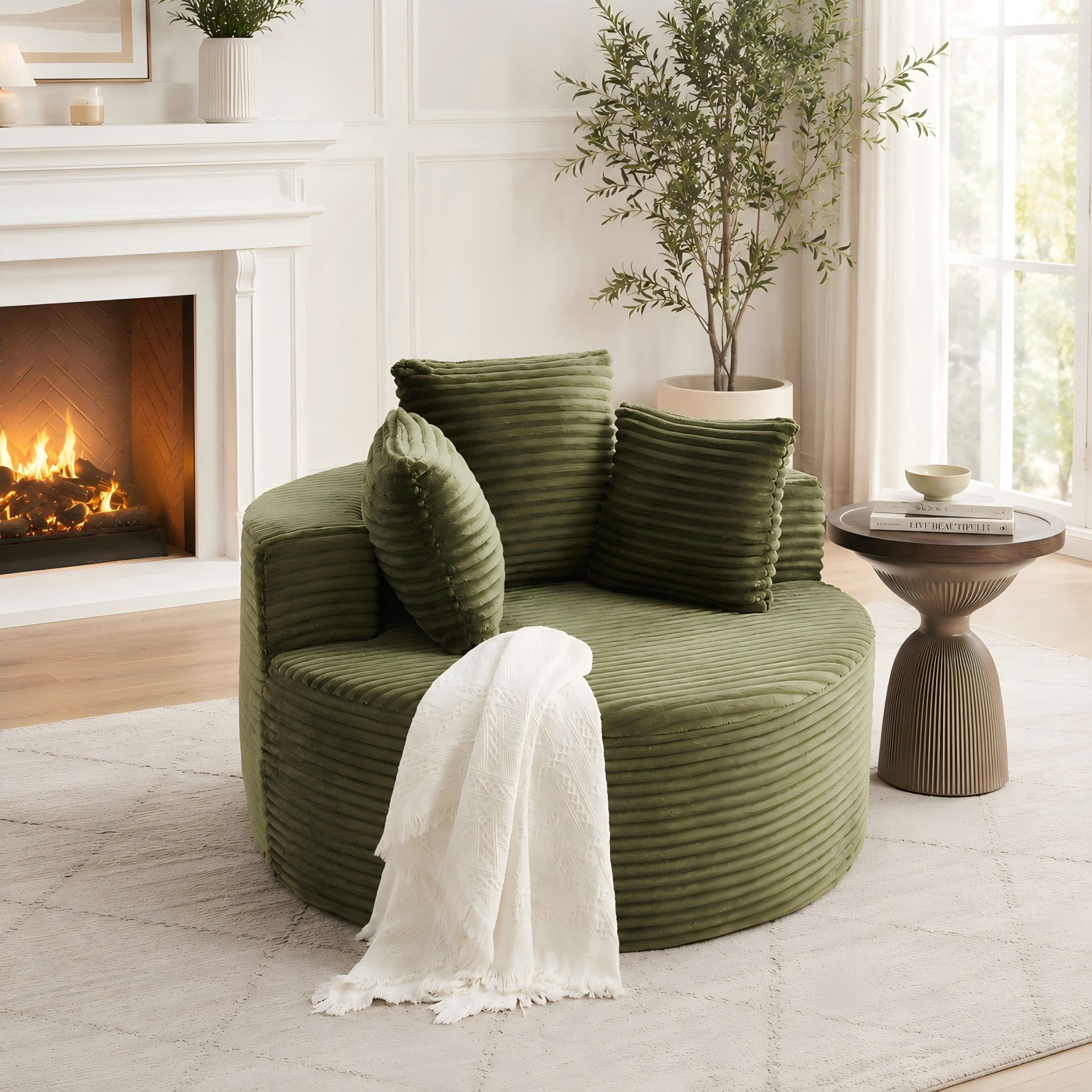 Aukfa 43" Oversized Round Chair with 3 Pillows, Corduroy Cloud Lounge Sofa Chair for Living Room/Bedroom, Green