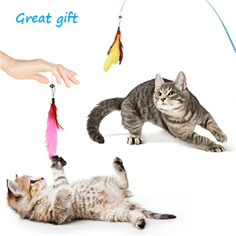 Cat Toys Interactive Cat Feather Wand, Kitten Toys Retractable Cat Wand Toy 10pcs Natural Feather Teaser Replacements Telescopic Cat Fishing Pole Toy