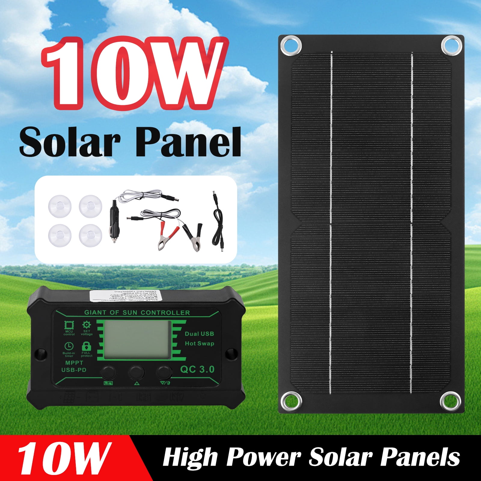 DAZLUTE 10W Solar Panel  Kit, Monocrystalline Silicon 100A Charge Controller Solar Panel Kit, Portable Solar Panel Battery Charger USB Output Suitable for Boat Car RV Motorcycle Marine Automotive Hom