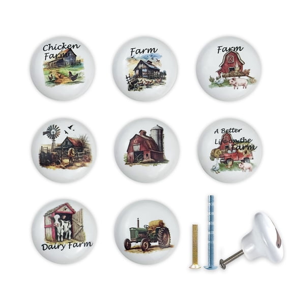 Jamjam Set of 8 1.5"Ceramics Cabinet Knob Farmhouse Rustic Cow Pig and Chicken Unique Kitchen Dresser Drawer Knobs Pulls Handles