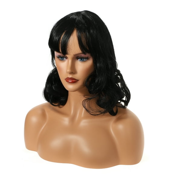 Unique Bargains Wigs for Women 16" Black Curly Wig with Wig Cap Natural Full Medium Wavy