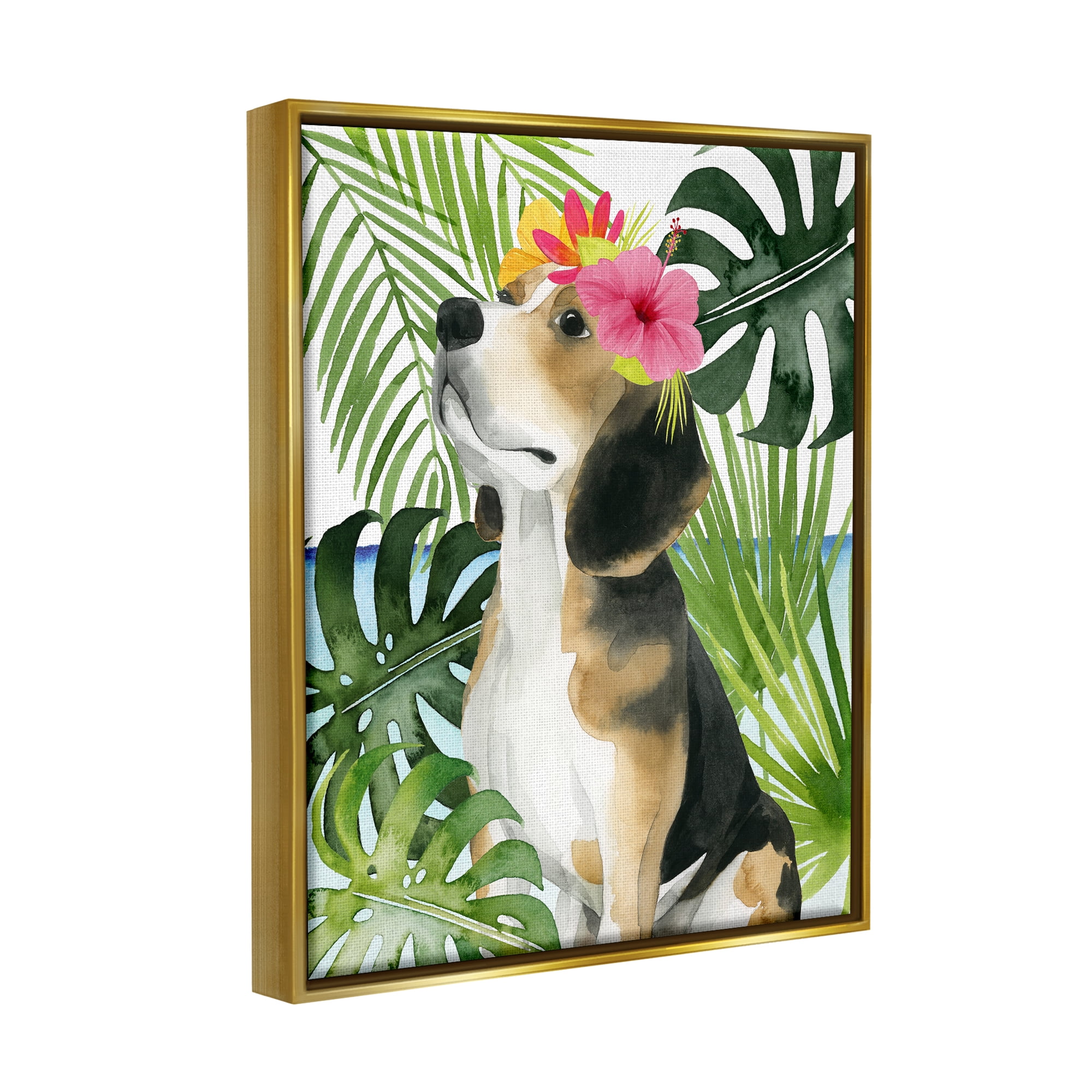 Stupell Industries Puppy with Hibiscus Animals & Insects Painting Gold Floater Framed Canvas Art Print Wall Art, 17 x 21