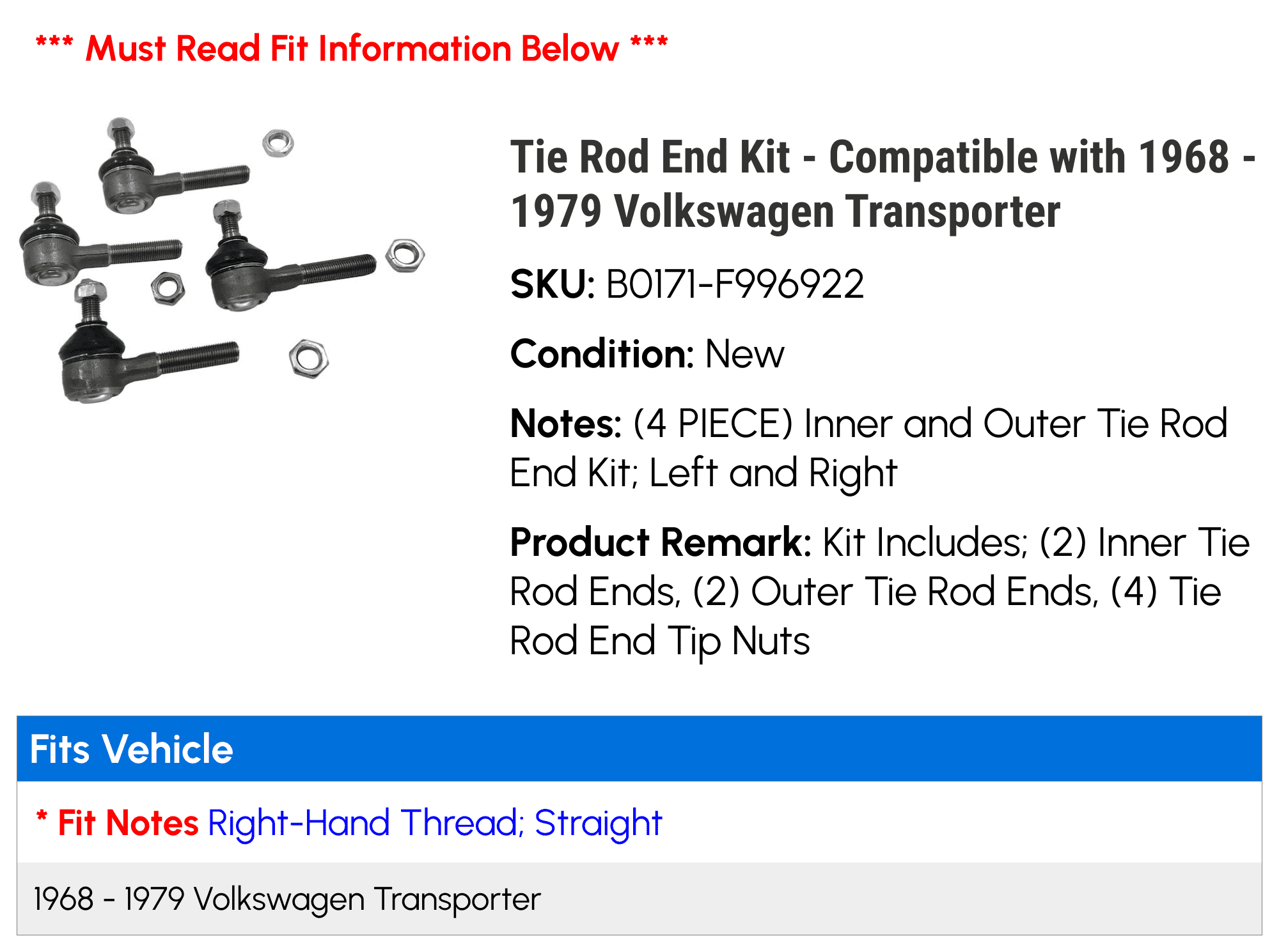 Tie Rod End Kit - Compatible with 1968 - 1979 Volkswagen Transporter 1969 1970 1971 1972 1973 1974 1975 1976 1977 1978