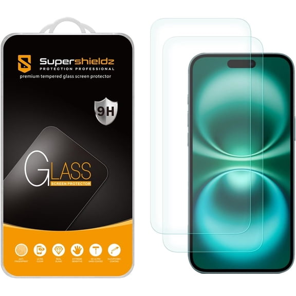 (2 Pack) Supershieldz Designed for iPhone 16 / iPhone 15 (6.1 inch) Tempered Glass Screen Protector, Anti Scratch, Bubble Free