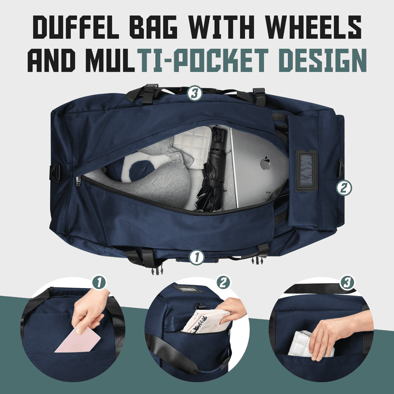 CshidWorld 34-Inch Foldable Rolling Duffle Bag, 90L Water-Resistant Multi-Use Travel Bag with Wheels, Shoulder Straps & Hidden Backpack Straps for Travel, Weekend, Camping, Gym, Blue