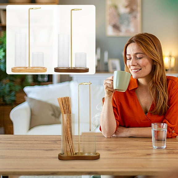 2 in 1 Incense Holder Solid Rubber Wood 8-Shaped Base | Glass Ash Catcher | Secure Metal Clip for Incense Sticks | Clean Burning Aromatherapy | Yoga Spa Home Decor | 1 Piece