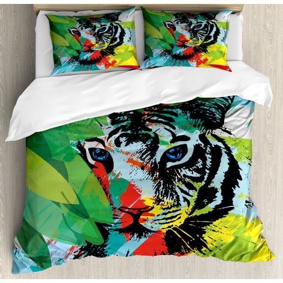 Tiger Duvet Cover Set Queen Size, Abstract Drawing of a Bengal Tiger Under Leaves on Lively Colored Background Predator, Decorative 3 Piece Bedding Set with 2 Pillow Shams, Multicolor, by Ambesonne