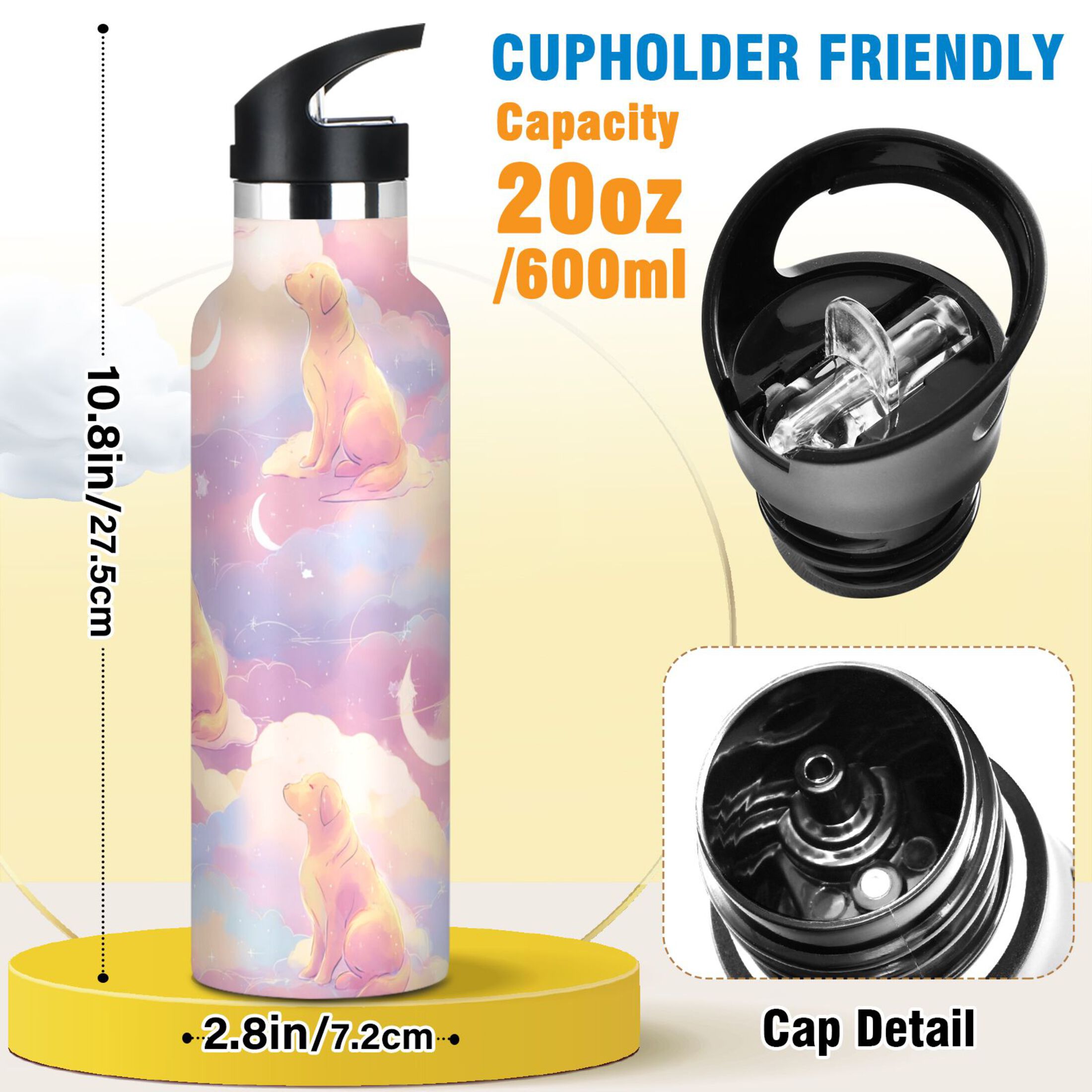 600ML Stainless Steel Insulated Cup Sports Water Bottle Portable Thermos Cup Water Glasses Insulated Tumblers Convenient and Durable Pink Dog