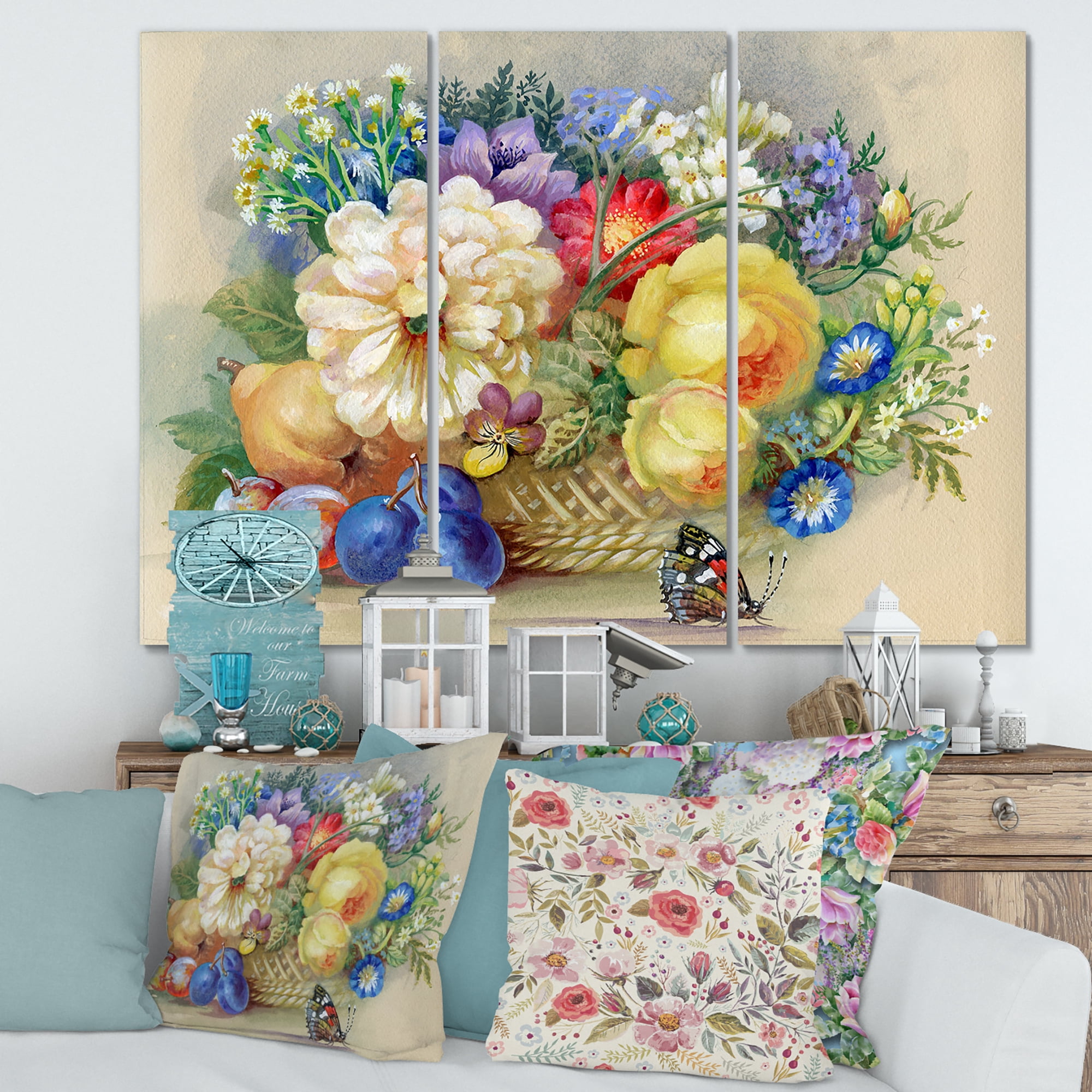 Designart ' Vintage Still Life Of White and Yellow Flowers ' Traditional Canvas Wall Art Print