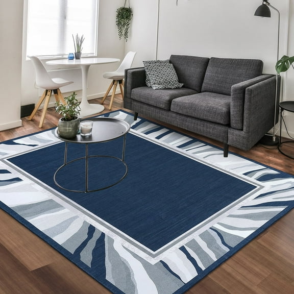 Modern Geometric Low Pile Accent Area Rugs 5x7ft for Living Room Bedroom Home Office, Washable, Anti-Slip, Non Shedding, Navy Blue