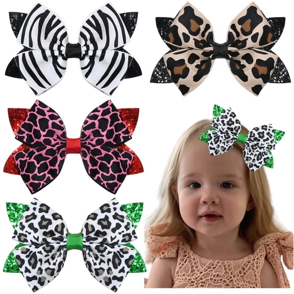 JoyBowie 4 Pcs 4.3in Zebra Print Glitter Grosgrain Ribbon Alligator Clip Hair Bows For Toddler Girls Kids Party Daily Wear