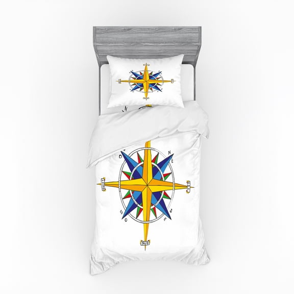Ambesonne Compass Bedding Set 3 Pcs, Colorful Marine Life, Twin XL, Yellow Night Blue