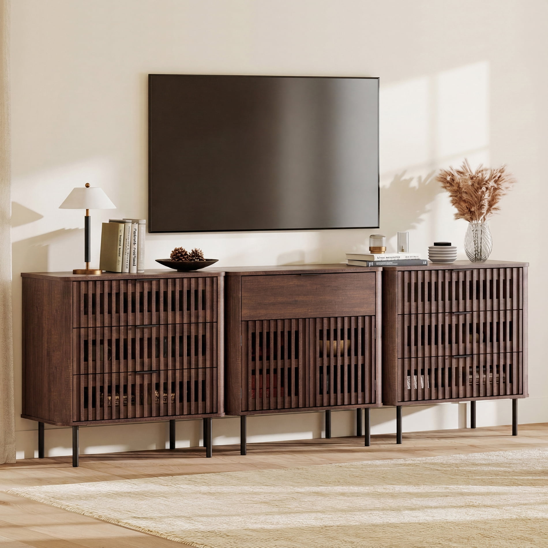 94.5" W Large TV Stand for 85 Inch TV, Modern Slatted TV Stand with Storage, Wood Entertainment Center with Cabinets and Drawers, Mid-Century Modern Media Console for Living Room, 3 in 1, Walnut