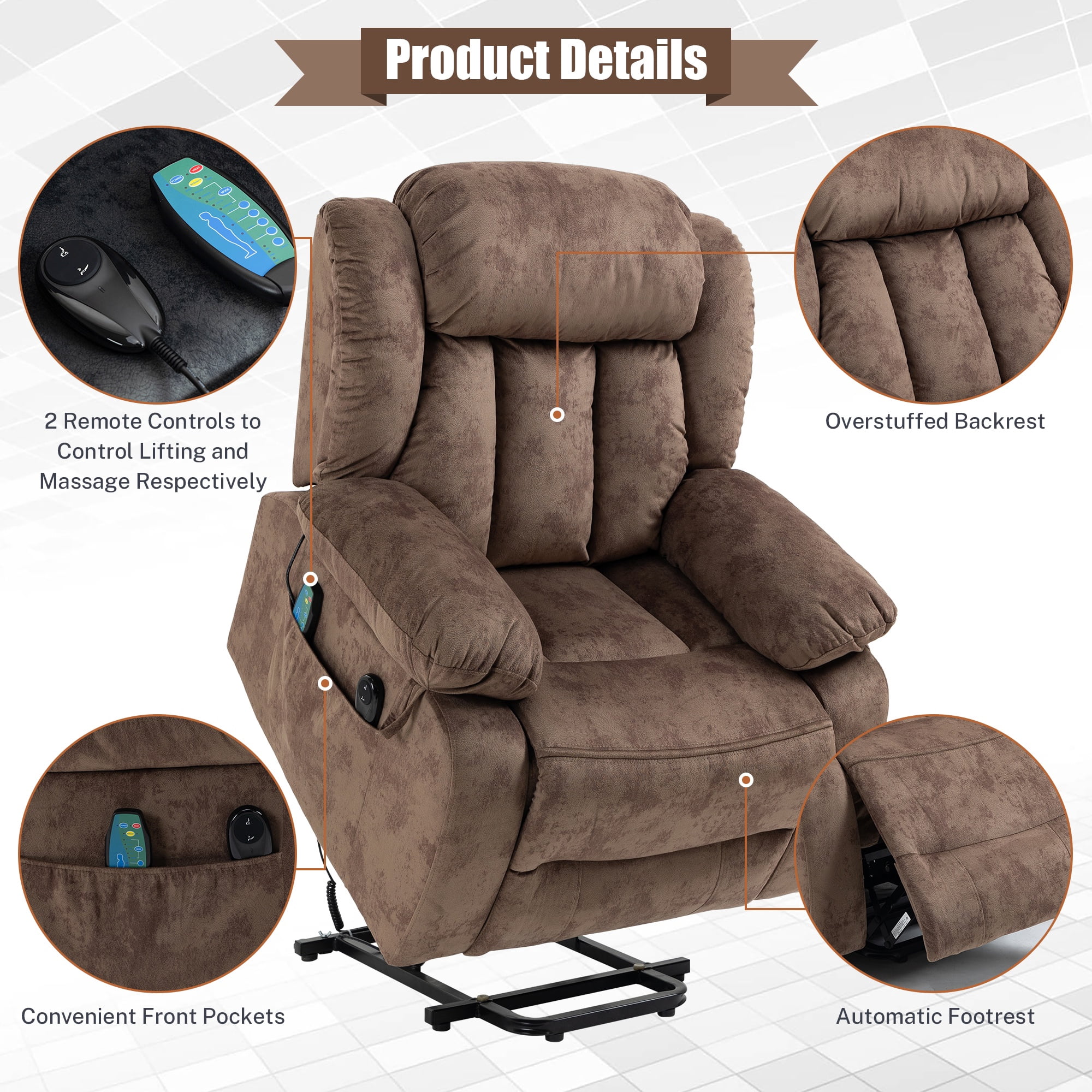 Power Lift Recliner Chair with Heat and Vibration Massage, UHOMEPRO Modern Fabric Elderly Electric Reclining Sofa with Remote Control and Side Pockets for Living Room Home Theater, Light Brown
