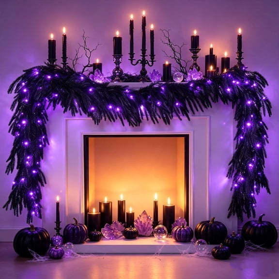 Halloween Garland, 6FT Black Halloween Garland with Purple LED Lights, Pre Lit Fireplace Mantel Garland, Gothic Black Garland Decor for Mantle Door Porch Staircase Fall Halloween Decorations