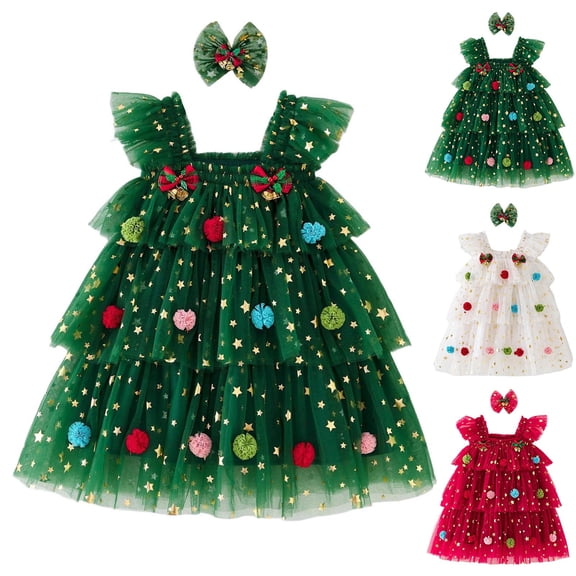 Jsaierl Girls Christmas Dresses Sleeveless Layered Tulle Tutu Dress for Toddler Girl Star Sequin Kids Xmas Clothes