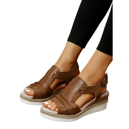 

Frontwalk Ladies Platform Sandal Summer Wedge Sandals Slip On Casual Shoes Walking Anti-Slip Women Beach Dark Brown 6