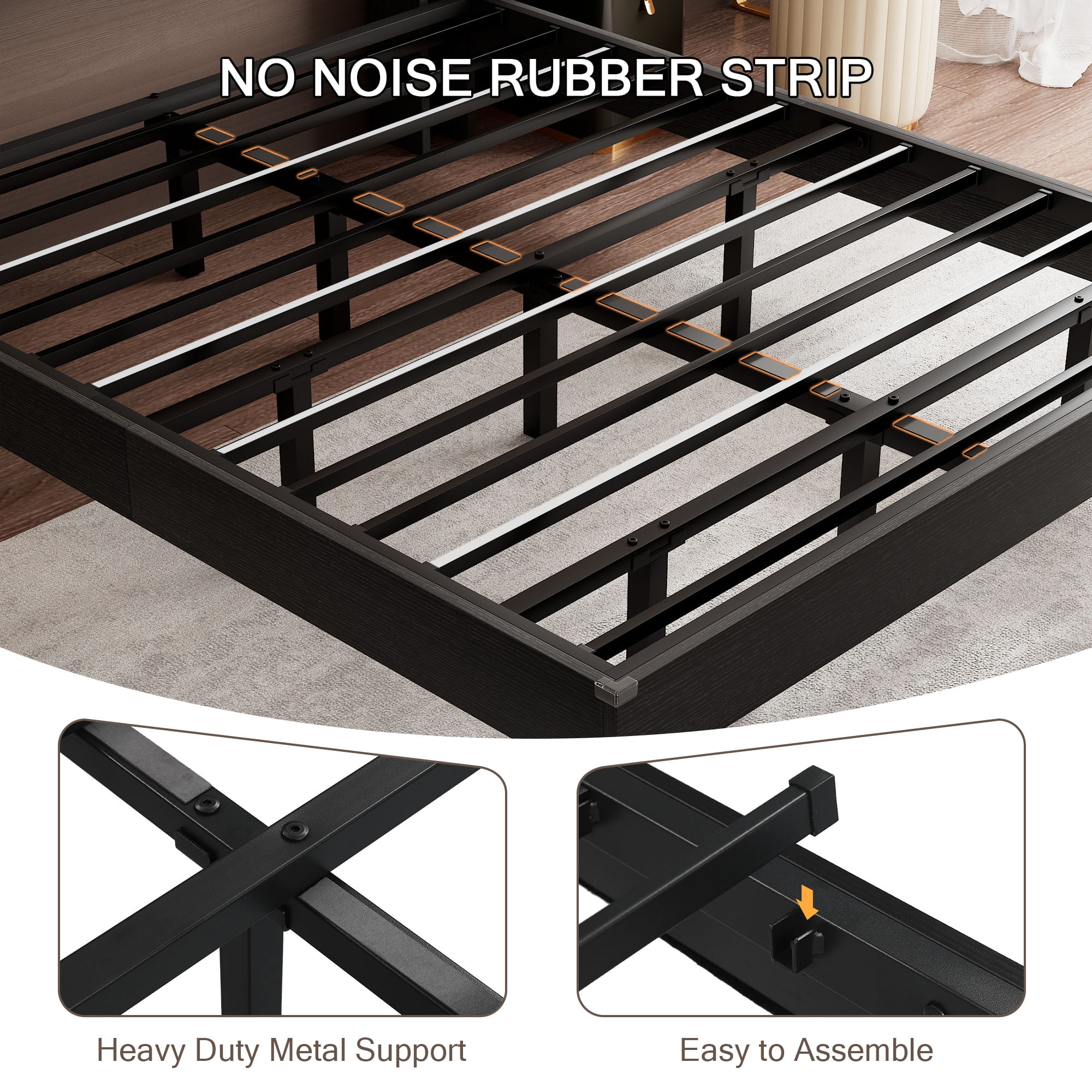 Einhomn Full Size Floating Bed Frame with  LED Lights & Charging Station,Wood Platform Bed Frame with Storage Headboard,Noise Free,No Box Spring Needed,Easy to Assemble-Black
