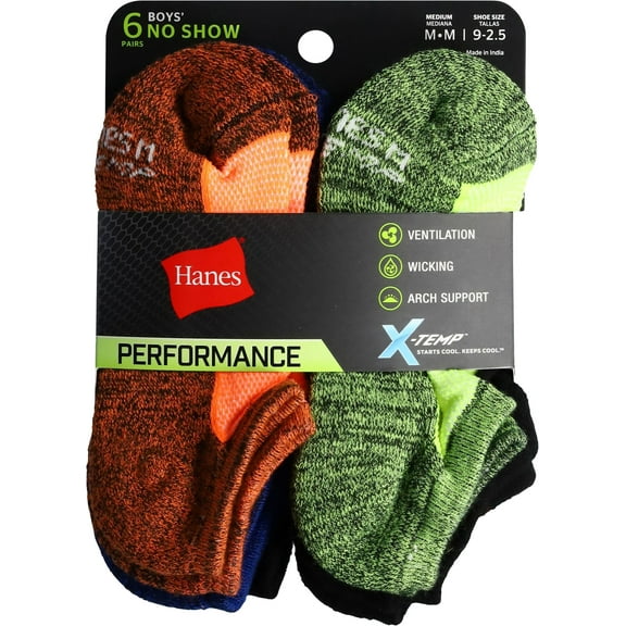 Hanes Boys' Performance No Show Socks Medium 6 ea