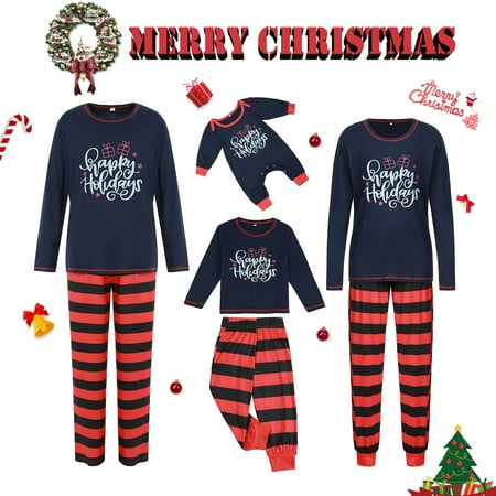 

Family Matching Christmas Pajamas Set Letter Print Tops Striped Pants Xmas Holiday Loungewear Sleepwear Jammies Pjs Outfit