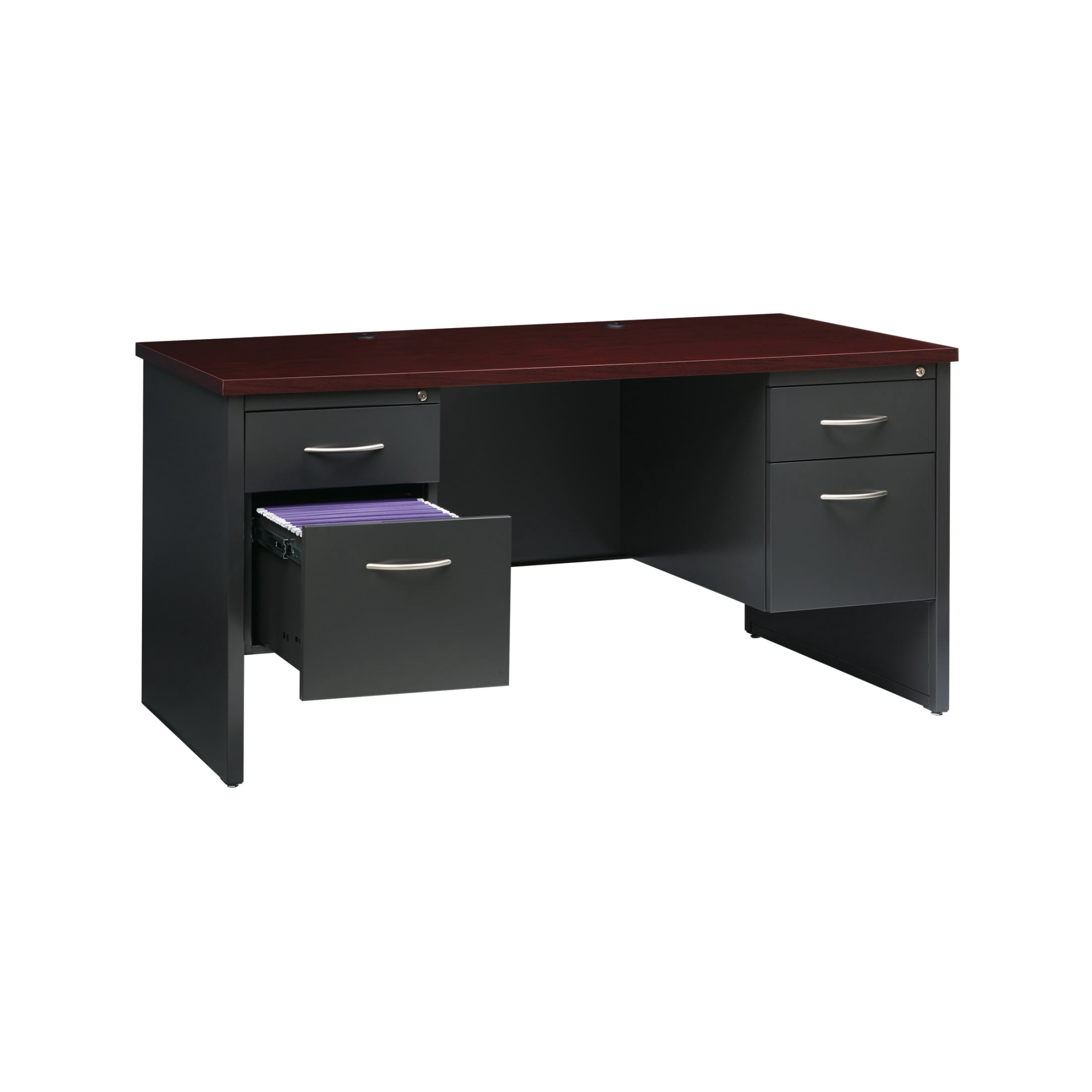 Hirsh Executive Office Modular Double Pedestal File Office Desk, 30" D x 60" W, Charcoal/Mahogany