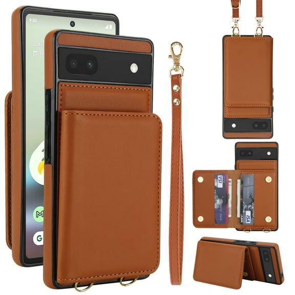 For Google Pixel 6A Phone Case Wallet Card Holder,RFID Blocking PU Leather Back Magnetic Flip Kickstand Folio Case Wrist Lanyard & Crossbody Strap Protective Women Girls Cover,Brown