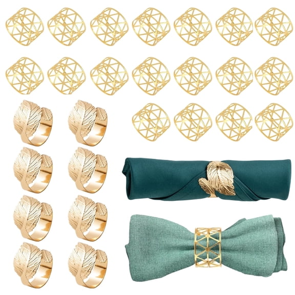 Gold Napkin Rings Set of 26, Metal Leaf Napkin Rings & Geometric Lines Napkin Rings Cloth Napkin Holder for Weddings, Valentines Day, Holiday, Receptions, Dinner Party, Banquet, Buffet Table Decor