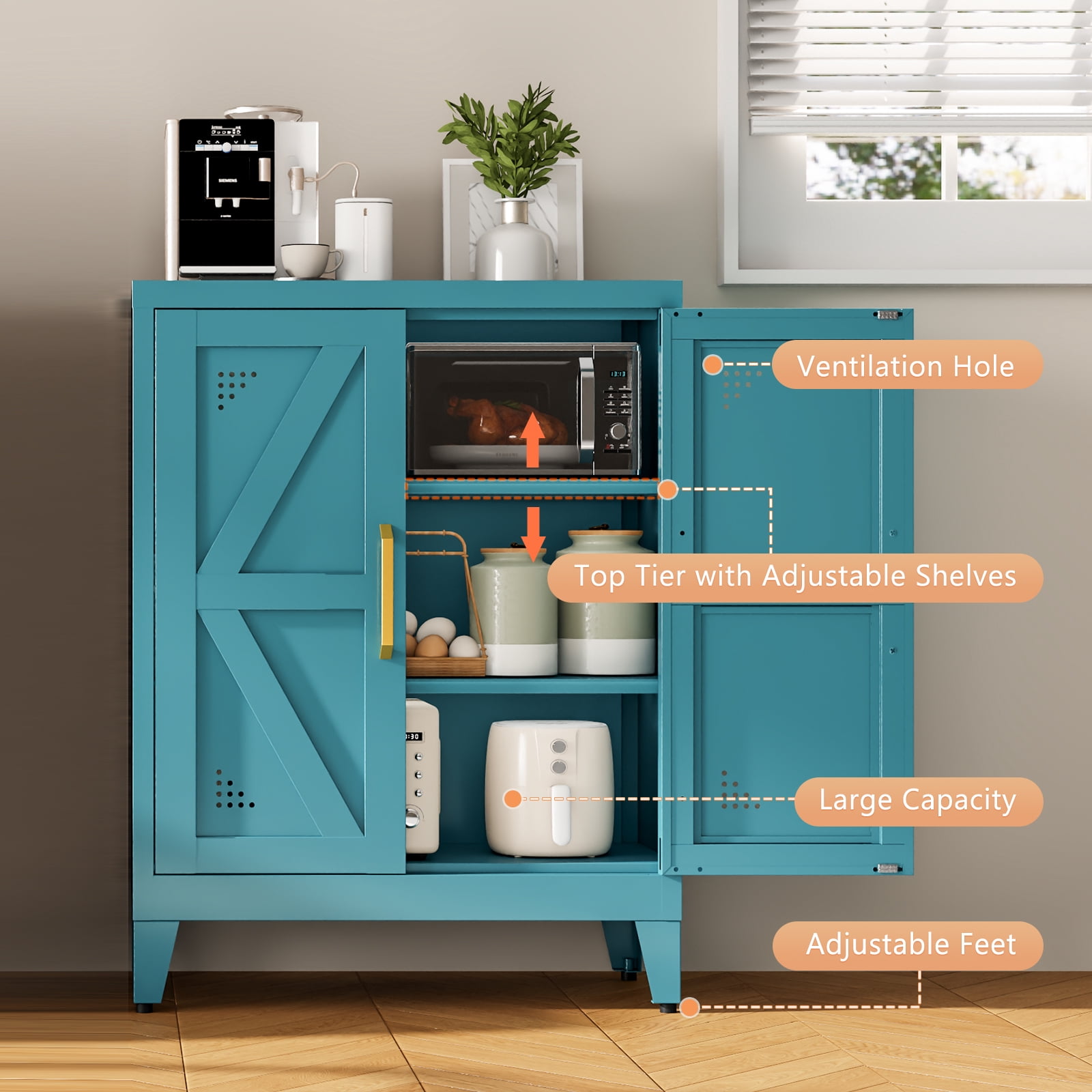 JHYKFG 32"Metal Bathroom Storage Cabinet,Freestanding Sideboard with 2 Adjustable Shelves for Small Spaces, Living Room, Hallway, Dining Room,Blue