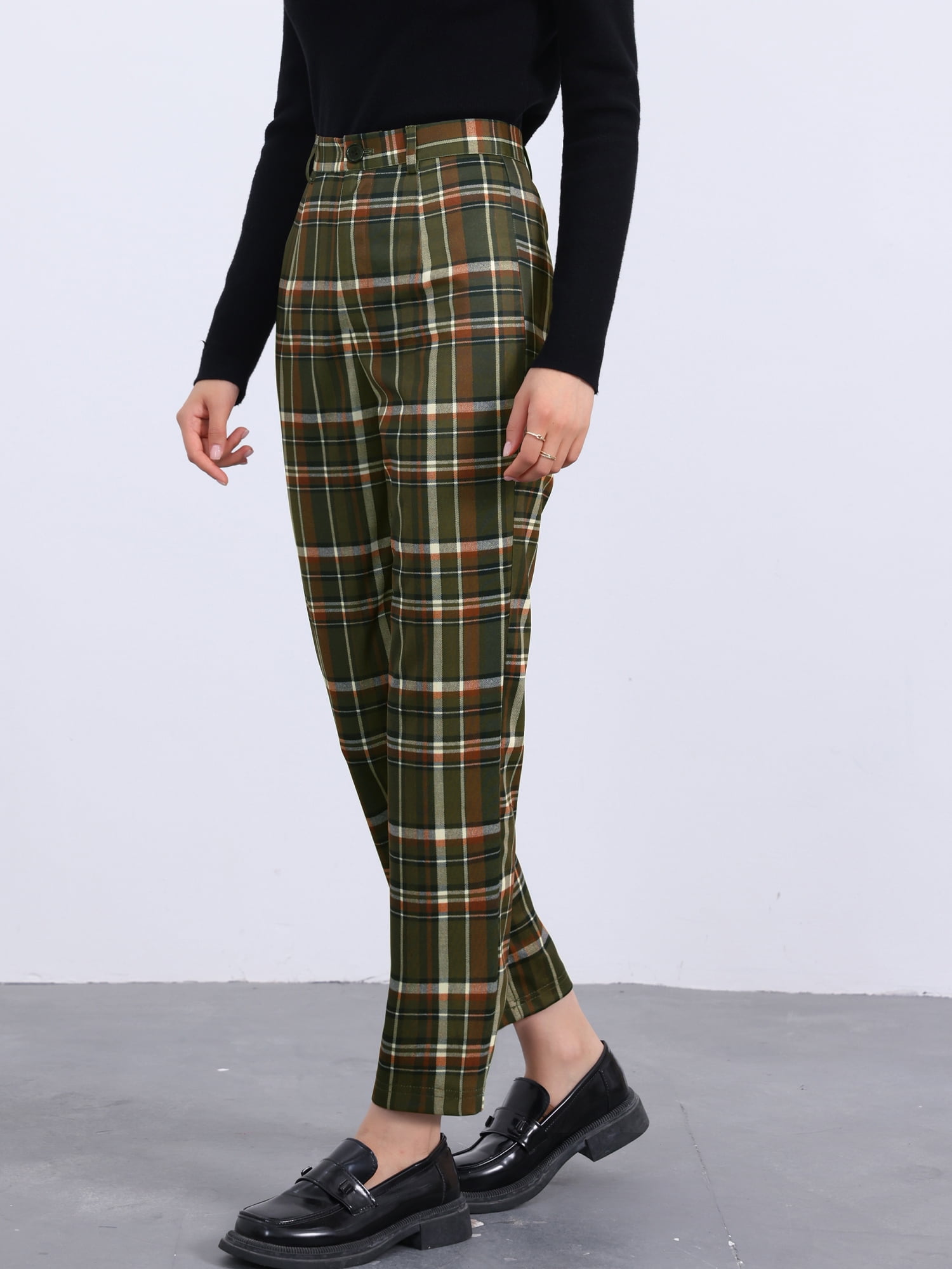 DARING DIVA Women's Plaid Pants High Waisted Tartan Checkered Cropped Pants L Army Green