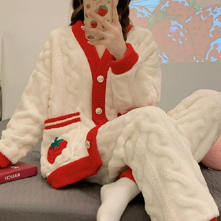 

DanceeMangoo Warm Women Flannel Kimono Pajamas Set Long Sleeve Soft Home Clothes Printing Soft Sleepwear Loungewear Womens Set Pyjamas Set