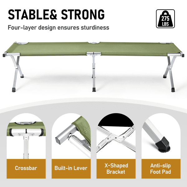 Alvantor Single Folding Camping Cot for Adults, 74 x 28 x 18 in, Aluminum Frame, Oxford Fabric, Carry Bag, Green