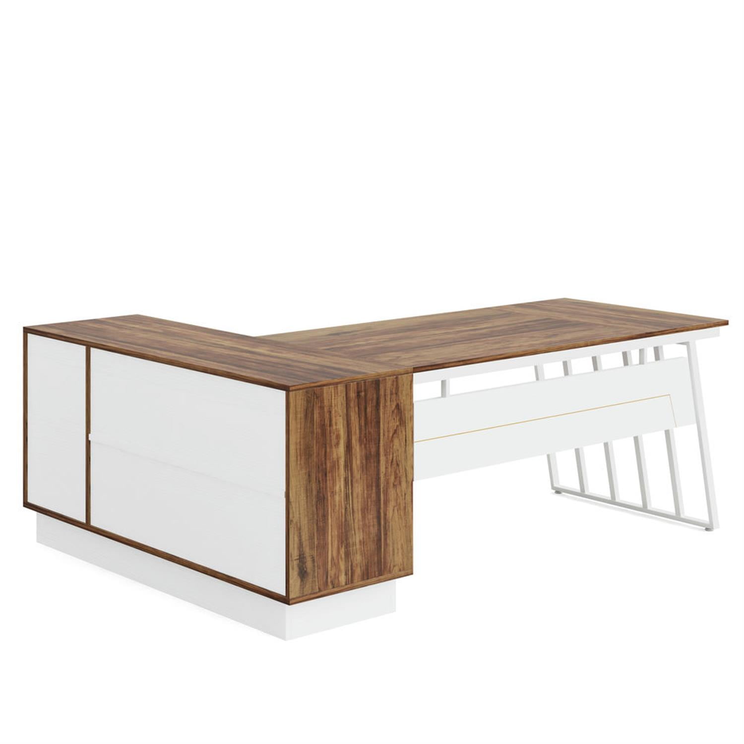 Demi Bonn Modern L Shaped Gaming Computer Desk, 71" Reversible Corner Executive Desk with Cabinet for Home Office, Brown