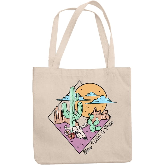 Stay Wild & Free, Retro Western Desert Art Merch Gift, 12oz Canvas Tote Bag