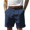 thumbnail image 2 of Men's High Waist Casual Business Shorts Pleated Front Cotton Linen Blend Summer Lightweight Breathable Rolled Cuff Shorts with Side Pockets Navy S, 2 of 4