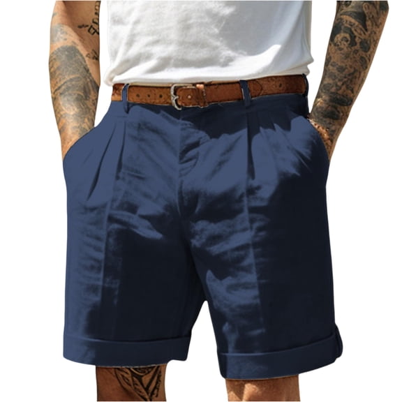 Men's Smart Casual Pleated Shorts High Waist Cotton Linen Summer Lightweight Wrinkle Resistant Rolled Hem Shorts for Commute Weekend Outings Navy 2XL