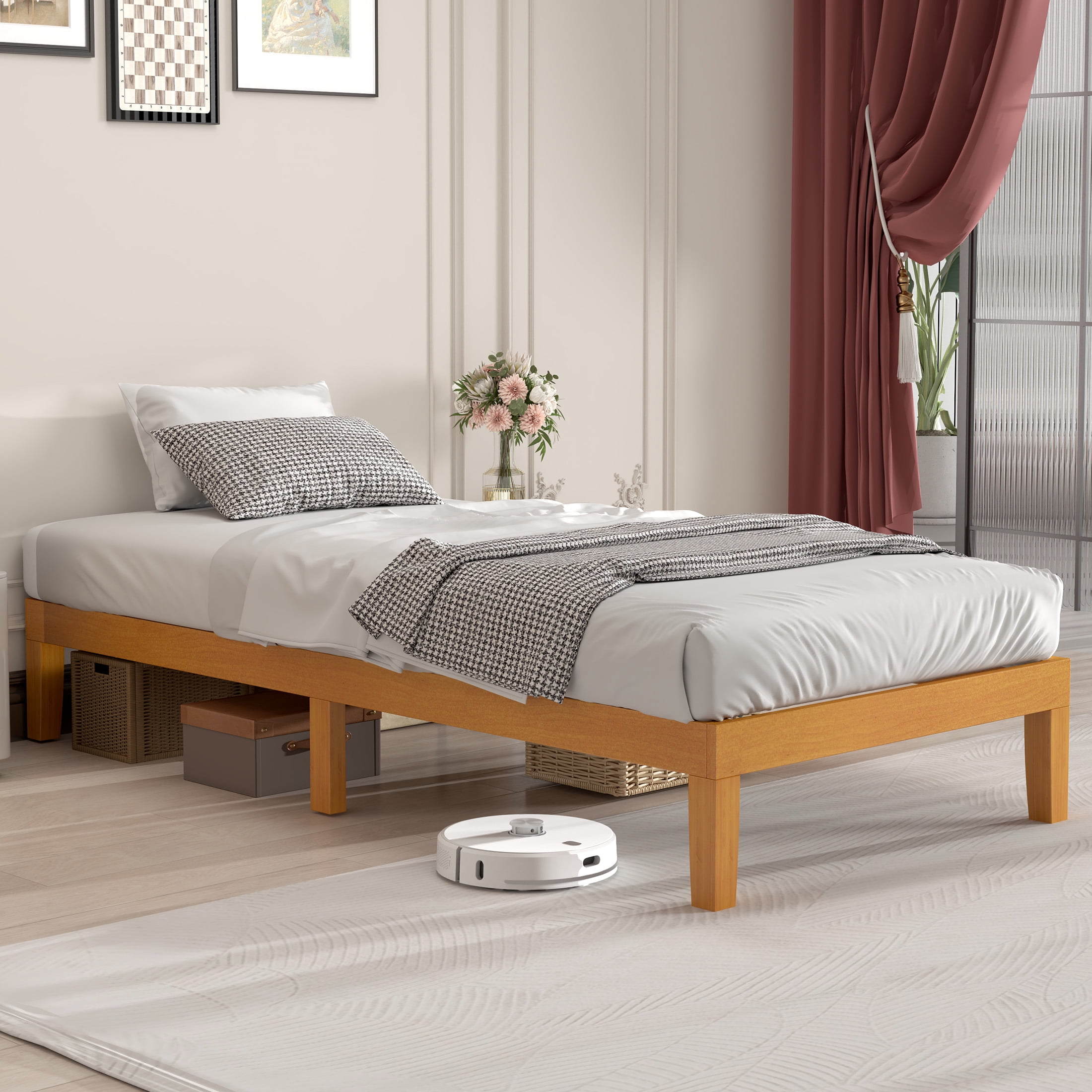EDX Twin Size Wood Bed Frame,  No Spring Needed, 12in Wooden Platform Bed Frame Mattress Foundation with Support Slats,  Natural Pine