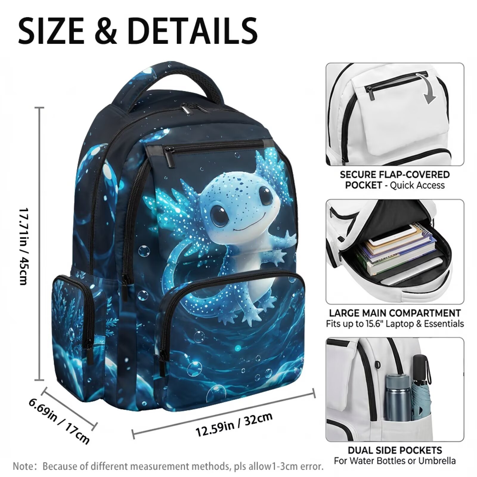 Mochila infantil de ajolote azul para niñas, con estampado de acuarela, ligera, con múltiples bolsillos, regalo de regreso a clases 4